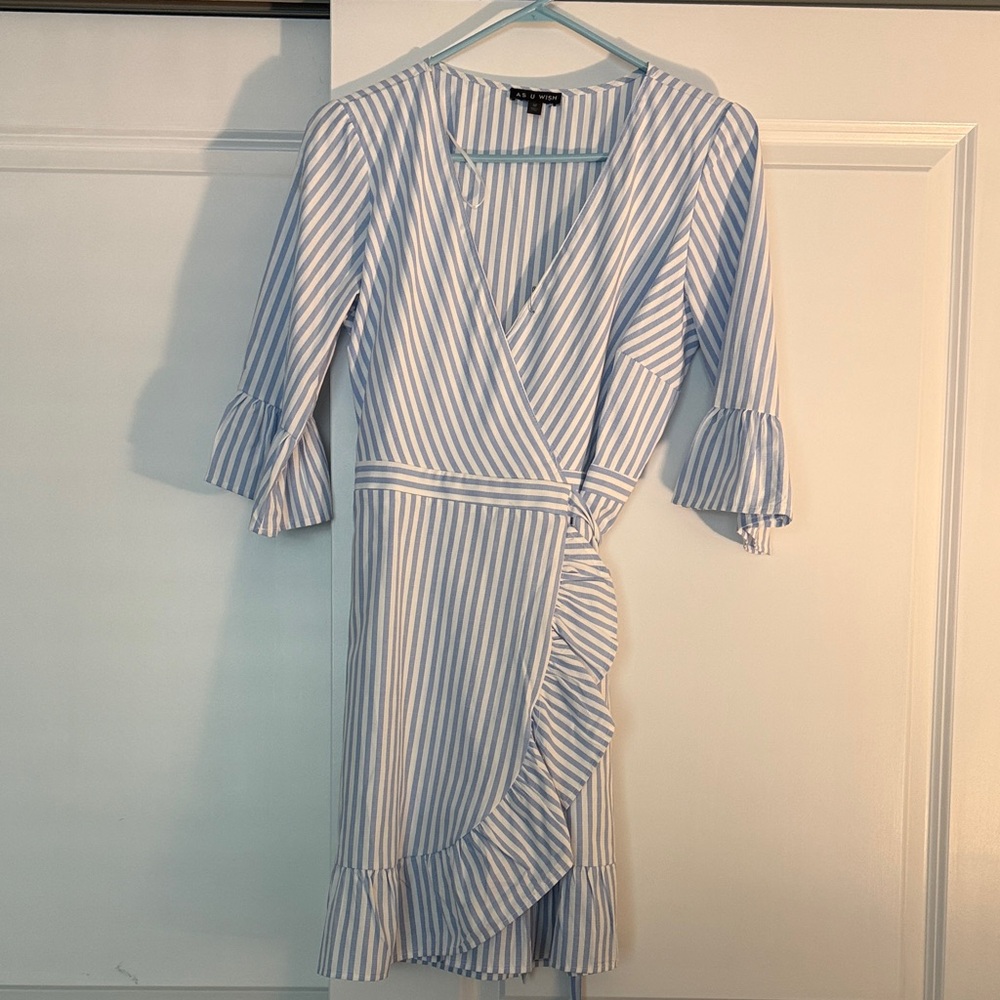 As U Wish Blue & White Striped Wrap Midi Dress